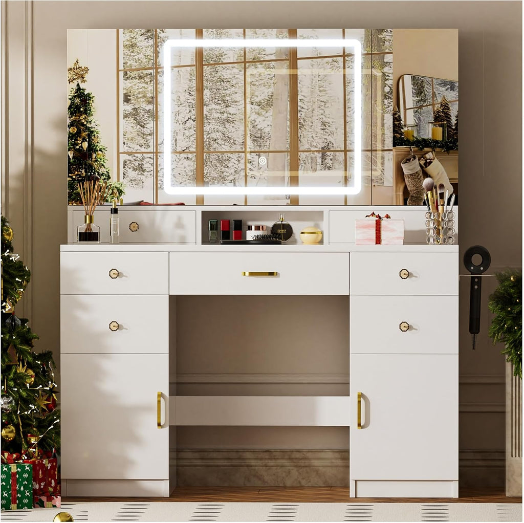 COMHOMA Vanity Desk with 3 Way Mirror and Lights, Large Makeup Vanity Table Set with Charging Station, 3 Lighting Modes & 360° View Mirror, 7 Drawers Dressing Table for Women Girls Bedroom, White