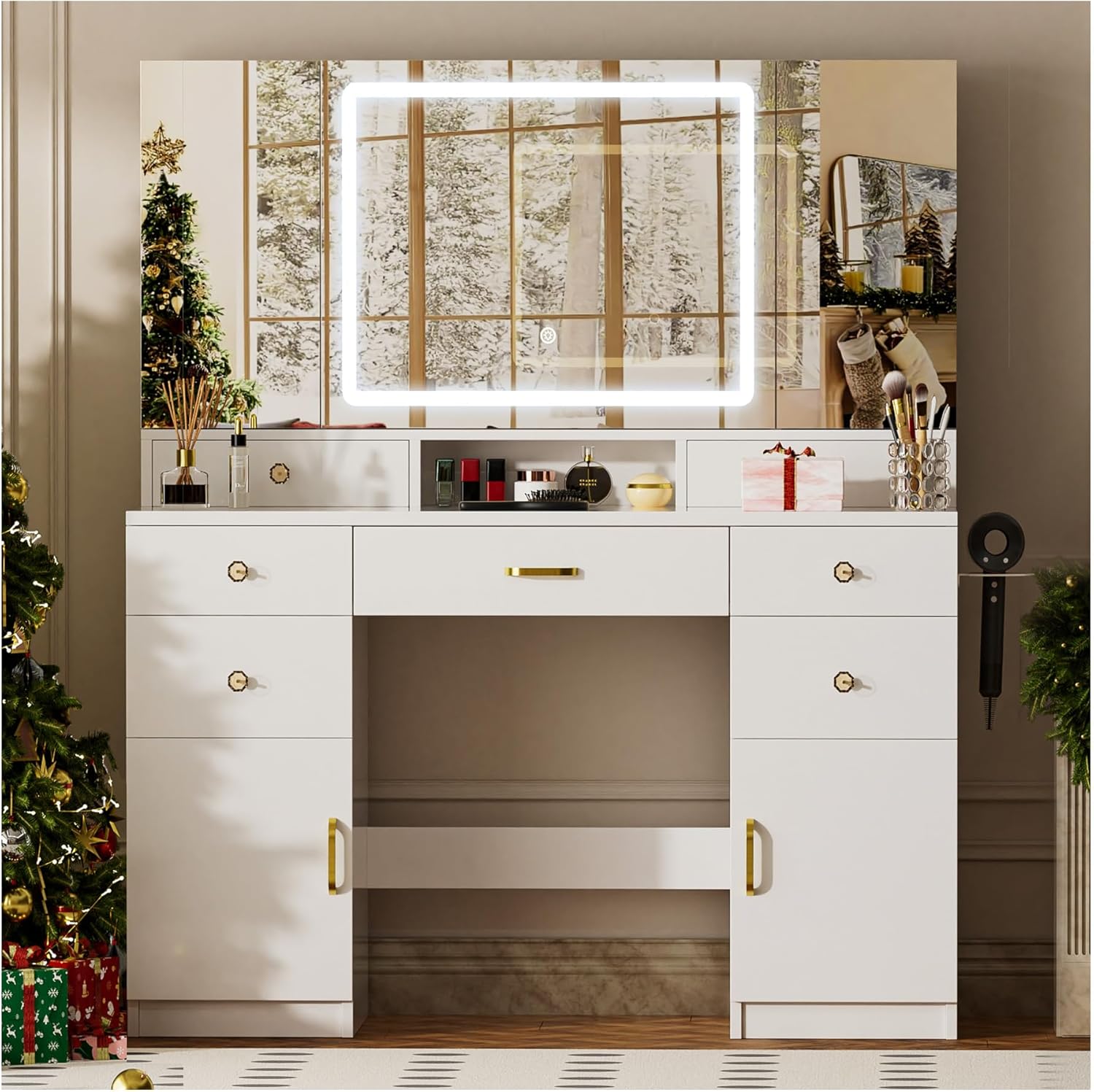 COMHOMA Vanity Desk with 3 Way Mirror and Lights, Large Makeup Vanity Table Set with Charging Station, 3 Lighting Modes & 360° View Mirror, 7 Drawers Dressing Table for Women Girls Bedroom, White