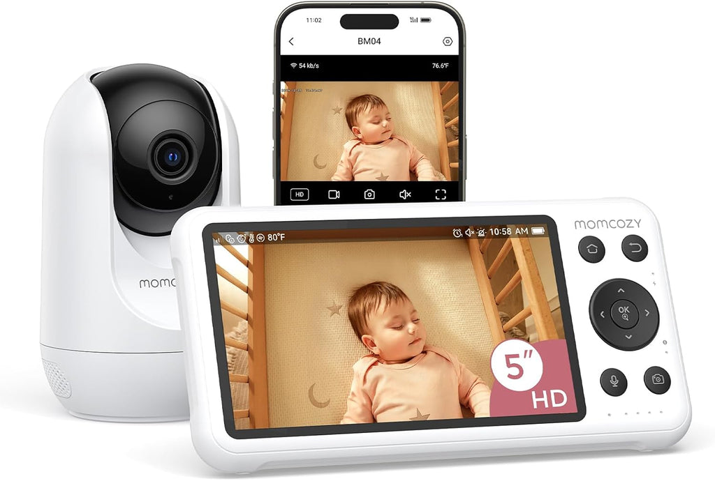 Momcozy Smart WiFi Baby Monitor with Camera and Audio, 5" 1080P Screen with Wall Mount, Motion & Cry Detection, Safe Fence,Clear Night Vision, 5000mAh Battery, 2-Way Talk, Photo & Video Recording,BM04