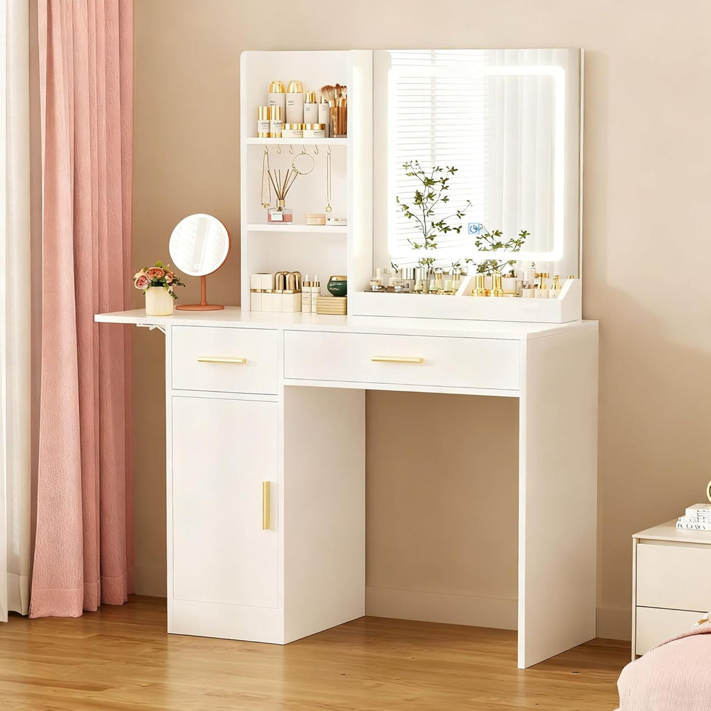 ERLEJIA Vanity Desk with Mirror and Lights, 39.37" Makeup Desk with Power Outlet, 4 Drawers and Open Shelves Makeup Vanity with Extral Foldable Desk for Bedroom, White