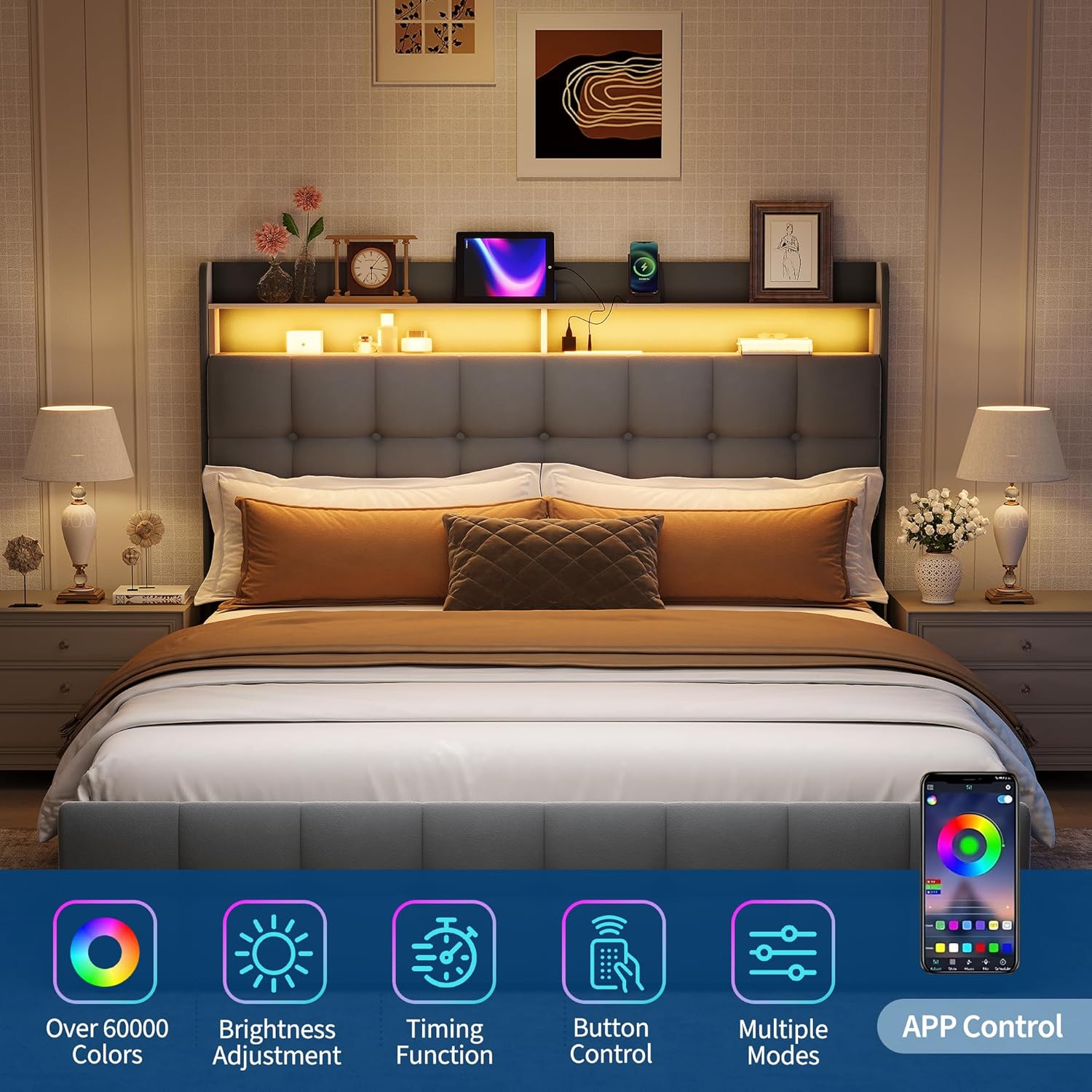 IDEALHOUSE Queen Size Upholstered Bed Frame Fabric with Storage Drawers and LED Lights, Headboard and Frame for Cozy Bedroom Sets Upgrades