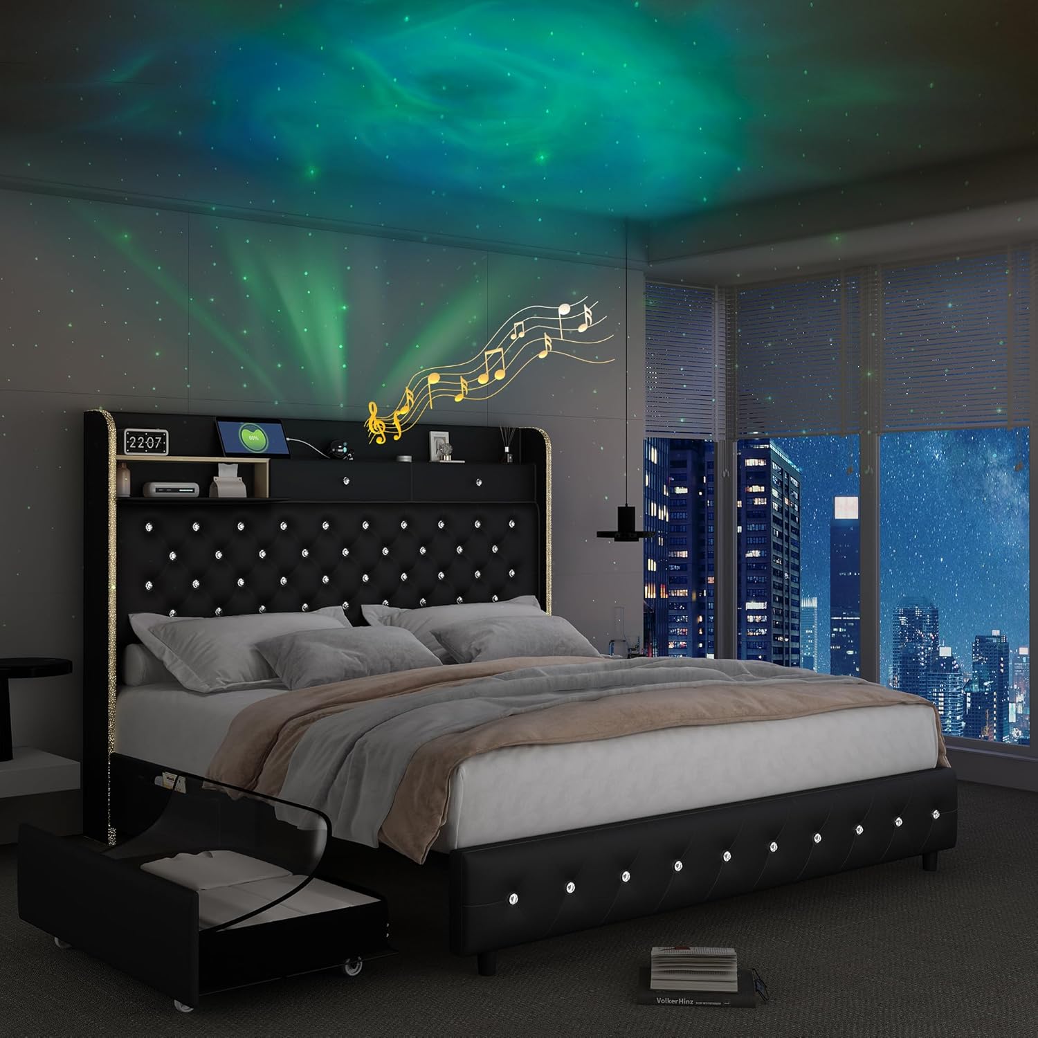 SIBEDS Queen Led Bed Frame with Galaxy Aurora Star Projector, Platform Beds with Charging Station, 52" Diamond Upholstered Wingback Bedframe with 2 Storage Drawers, No Box Spring Needed, PU Black