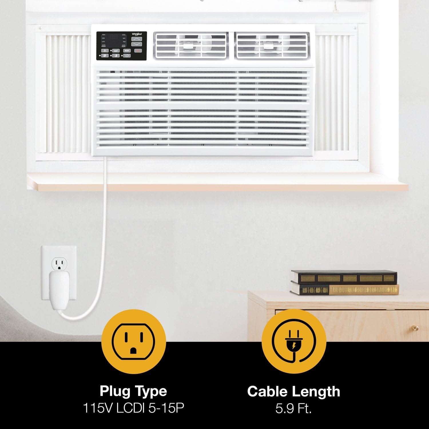 Whirlpool 10,000 BTU Window Air Conditioner with Dehumidifier, 115V, Window AC for Rooms up to 450 Sq. Ft., Living Room, Bedroom, or Kitchen, with Remote Control, Digital Display, and 24H-Timer, White