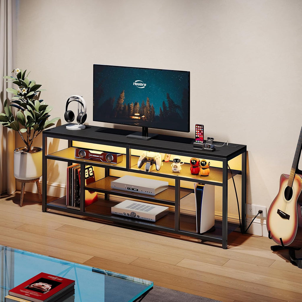 HOOBRO LED TV Stand with Charging Station, 4-Tier Entertainment Gaming Center, Modern Media Console Table, Open Shelves, 55.1"L x 13.8"W x 26.2"H, for TVs up to 65", for Living Room, Black BB47UDDS01