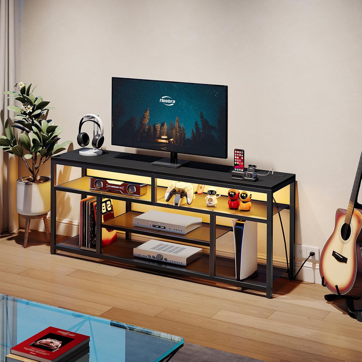HOOBRO LED TV Stand with Charging Station, 4-Tier Entertainment Gaming Center, Modern Media Console Table, Open Shelves, 55.1"L x 13.8"W x 26.2"H, for TVs up to 65", for Living Room, Black BB47UDDS01