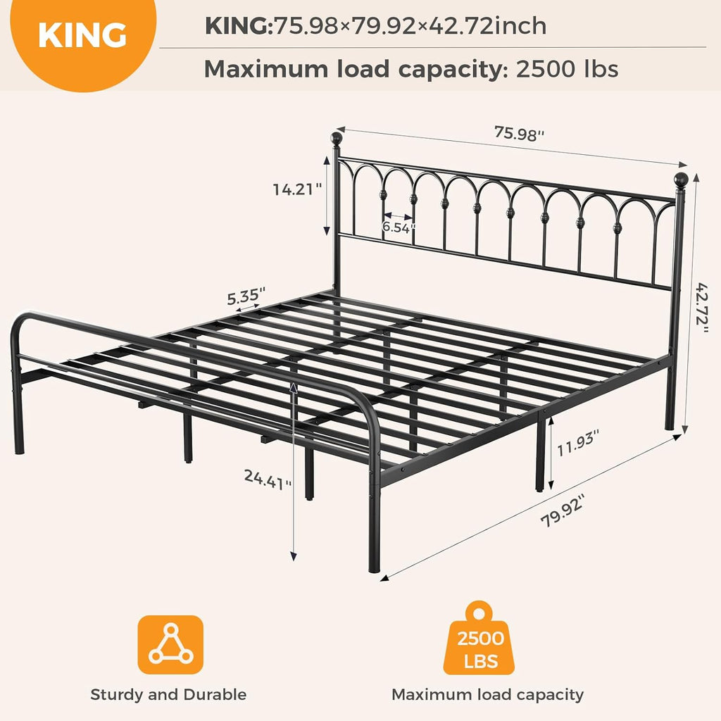 DUMOS King Size Bed Frame with Iron-Art Headboard, Heavy Duty Metal Platform Bed, 11.9" Under-Bed Storage, No Box Spring Needed, Easy Assembly, Modern Black