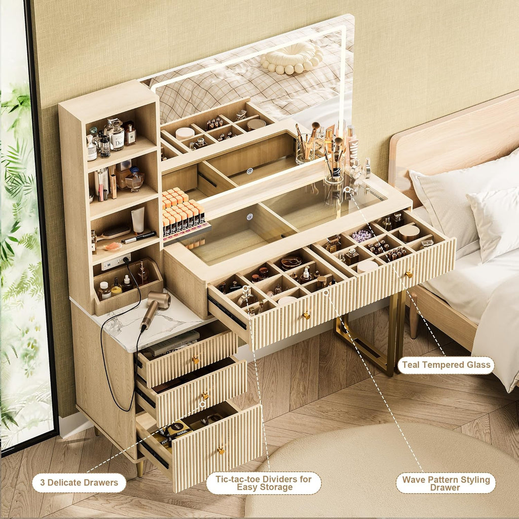 44” Fluted Vanity Desk with 32” Lighted Mirror & Power Outlet, Makeup Vanity with Glass Top, 3 Adjustable Light Colors, Curved Design, 5 Drawers, Modern Dressing Table Set for Bedroom (Oak)