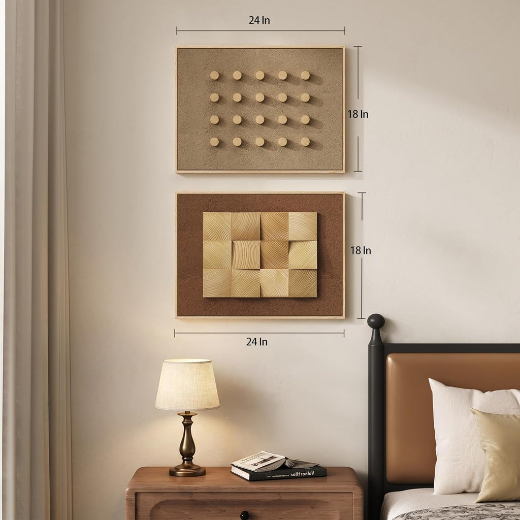 Framed Wood Wall Art Set of 2, Large 3D Textured Modern Minimalist Geometric Wooden Wall Decor, Neutral Brown Artwork for Living Room, Hallway, Dining Room, Bedroom, Office Aesthetic