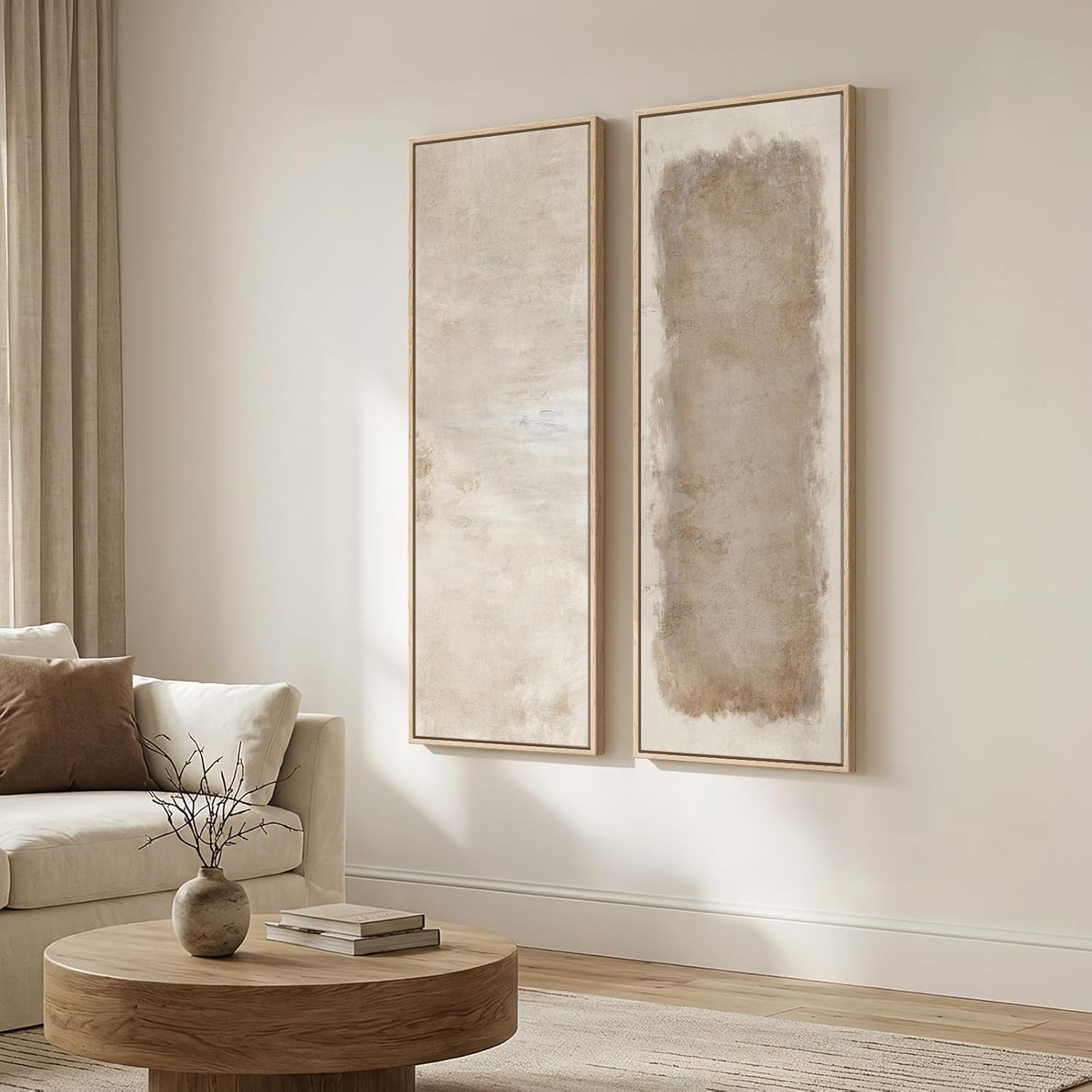 Long Narrow Framed Neutral Abstract Vertical Wall Art, 2 Piece Modern Canvas Prints Paintings Artwork for Walls, Tall Beige Cream Minimalist Pictures for Living Room Bedroom Hallway Entryway Wall Decor
