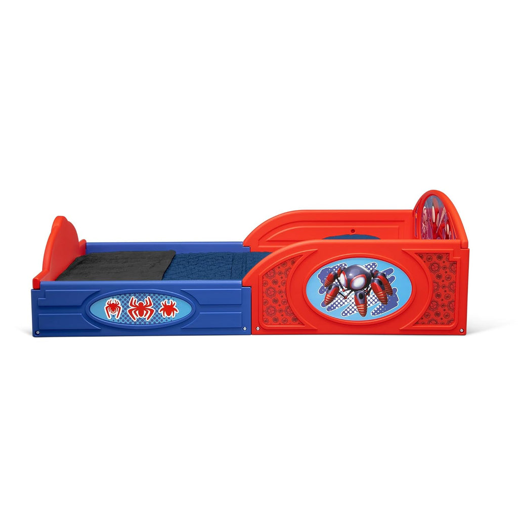Delta Children - Marvel Spidey and His Amazing Friends 4-Piece Toddler Room-in-a-Box Set – Includes Sleep and Play Toddler Bed, Table, 1 Chair and Fabric Toy Box, Blue/Red