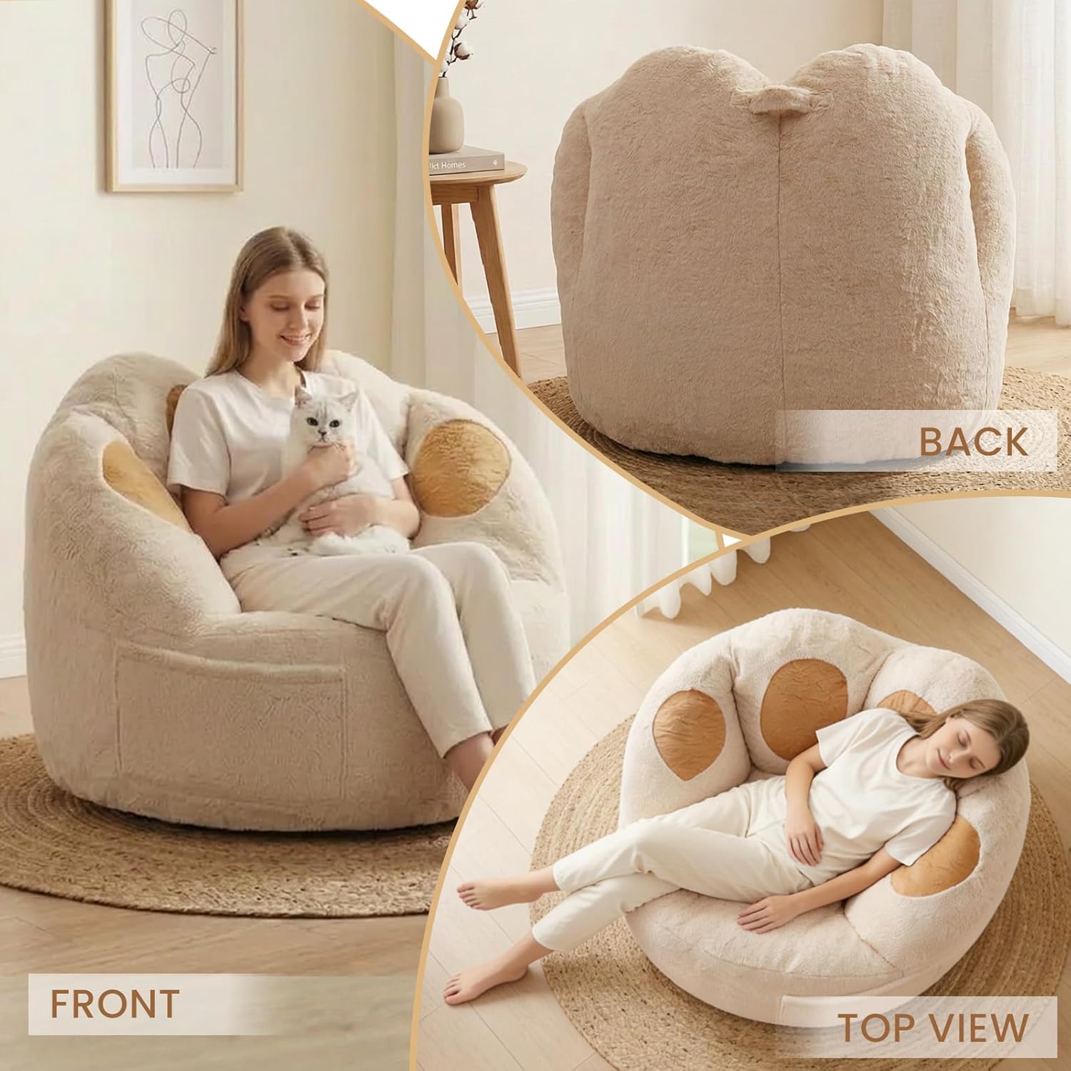 Achicsofar Bean Bag Chair for Adults Teens, Gaint Faux Fur Cat's Paw Shape Beanbag Chairs Memory Foam Filled Accent Floor Sofa for Reading, Gaming, Relaxing in Living Room, Bedroom, Dorm