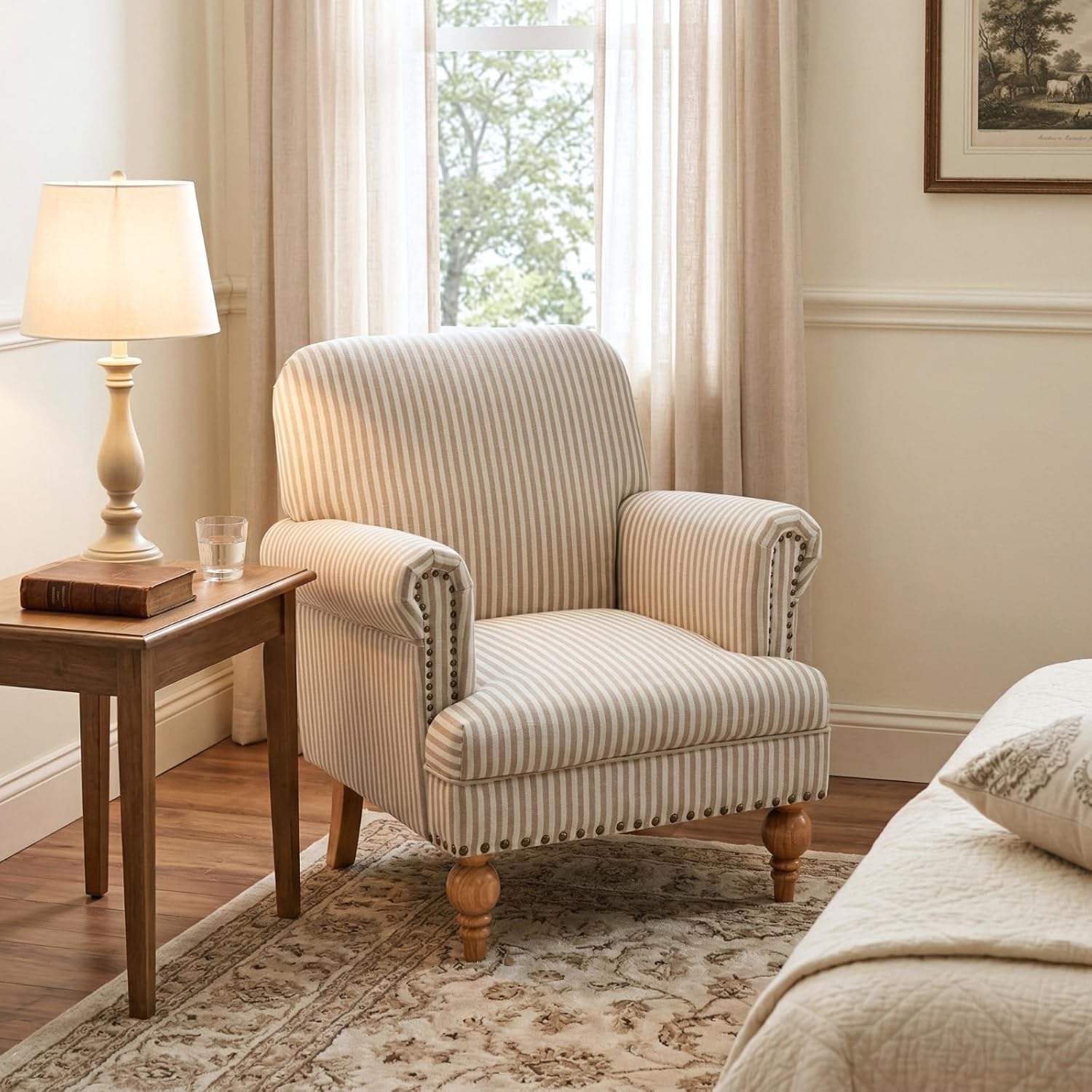 Khaki Striped Linen Fabric Accent Chairs Set of 2, Modern Farmhouse Upholstered Armchairs with Nailhead Trim & Ball Turned Legs, Cottage Club Chairs for Living Room Bedroom Guest Room