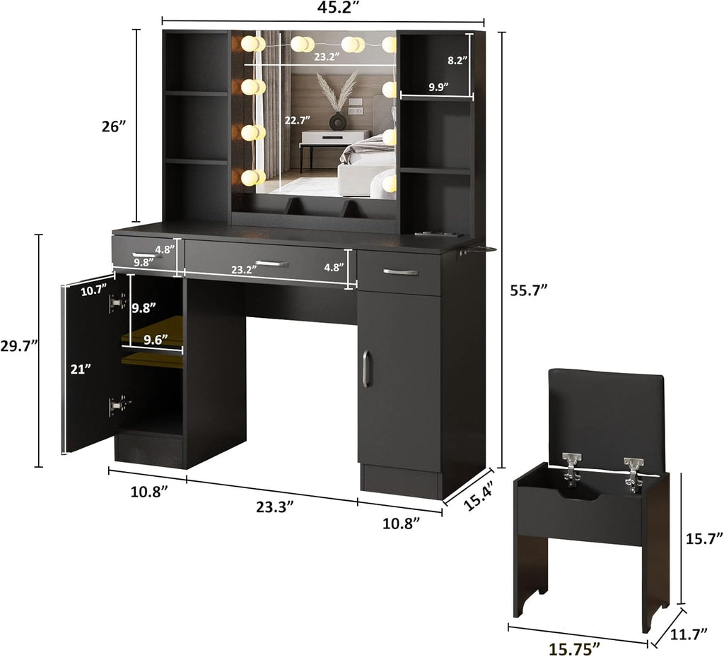 Vabches Makeup Vanity Table with Lighted Mirror & Power Strip, Large Vanity Set Vanity Desk with Storage Stool, 3 Lighting Modes, Brightness Adjustable, 45.2in(Large, Black)