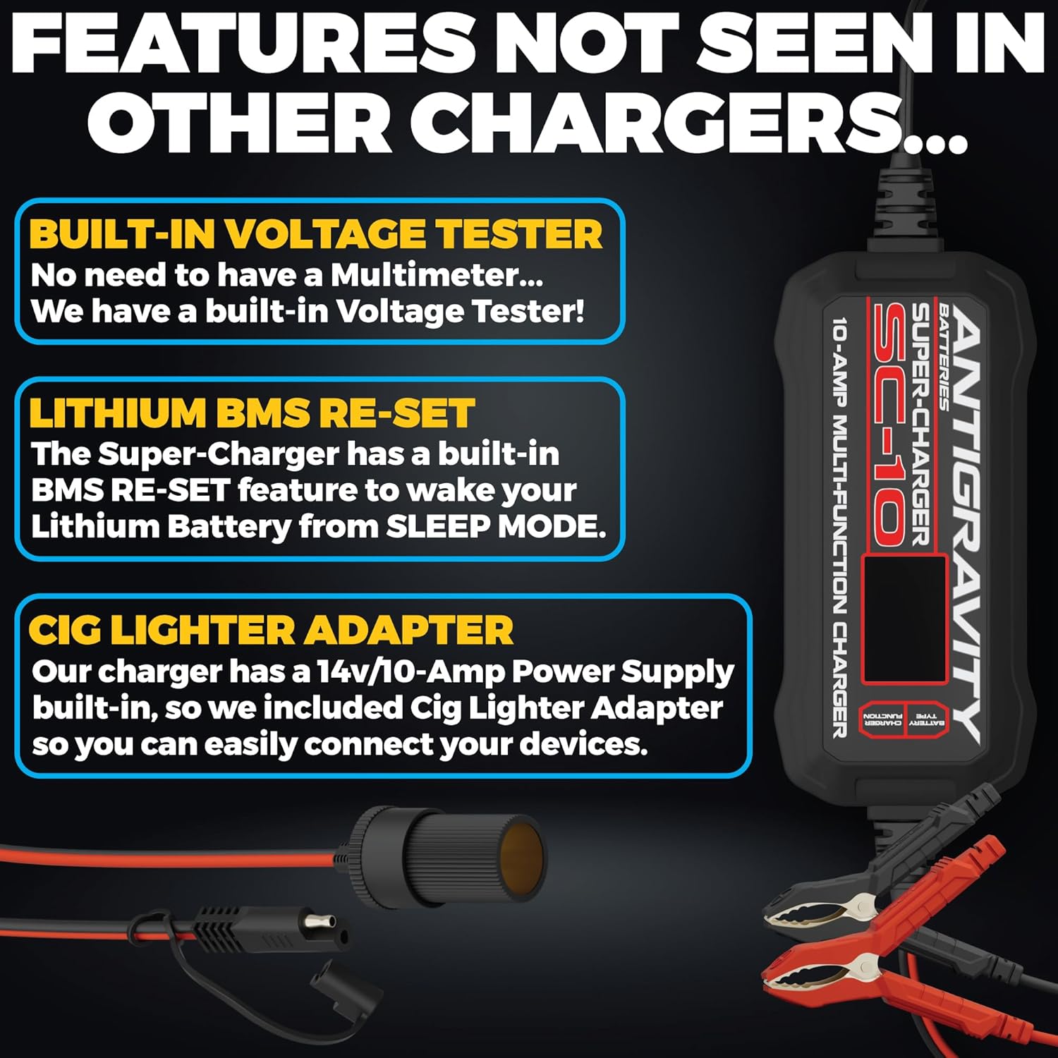 Antigravity SC-10 Super-Charger 10A Smart Battery Charger & Maintainer for 6V/12V Lithium (LiFePO4) & 12V Lead-Acid Batteries – Wall-Powered, LCD Display, Power Supply Mode, BMS Reset