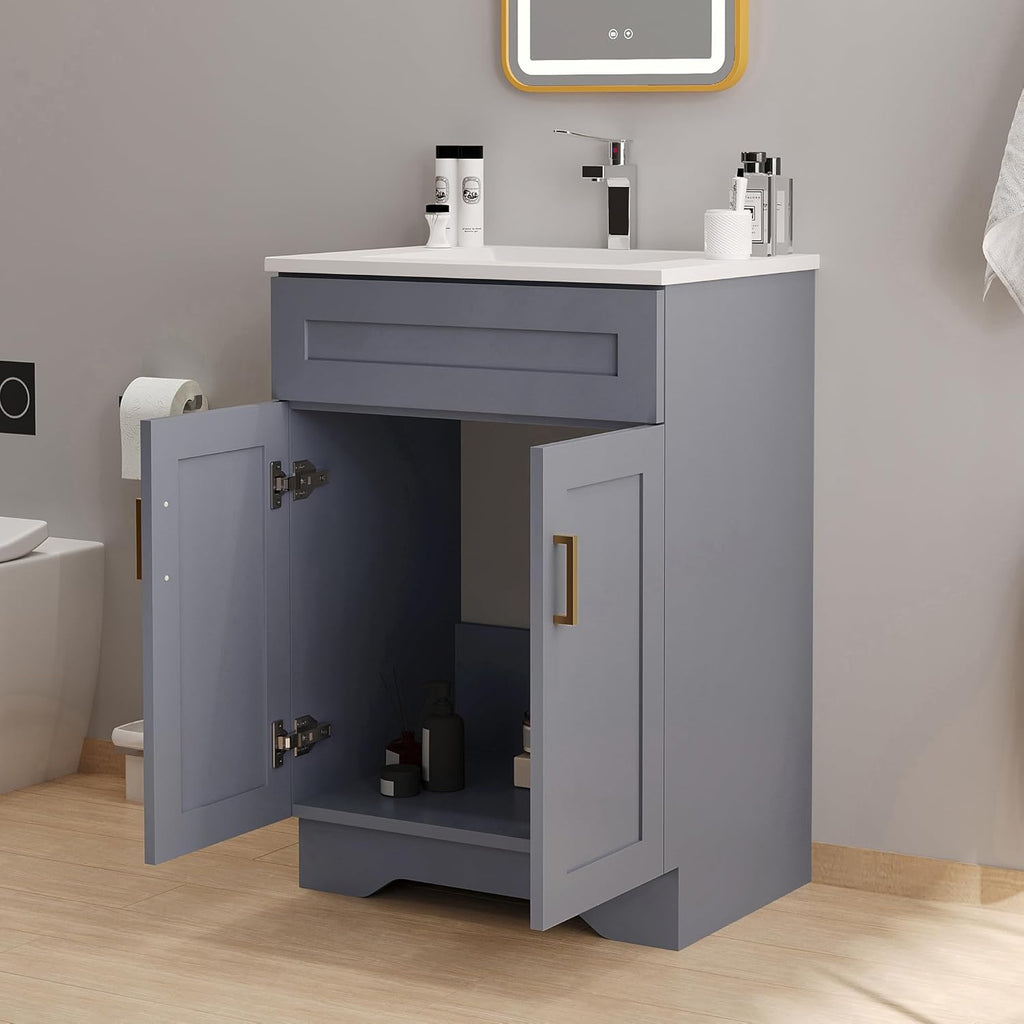 24 Inch Bathroom Vanity with Sink, Bathroom Storage Vanity Cabinet for Small Space, Bathroom Vanity with 2 Doors and 1 Drawer, Modern Freestanding Vanity Sink (Grey)