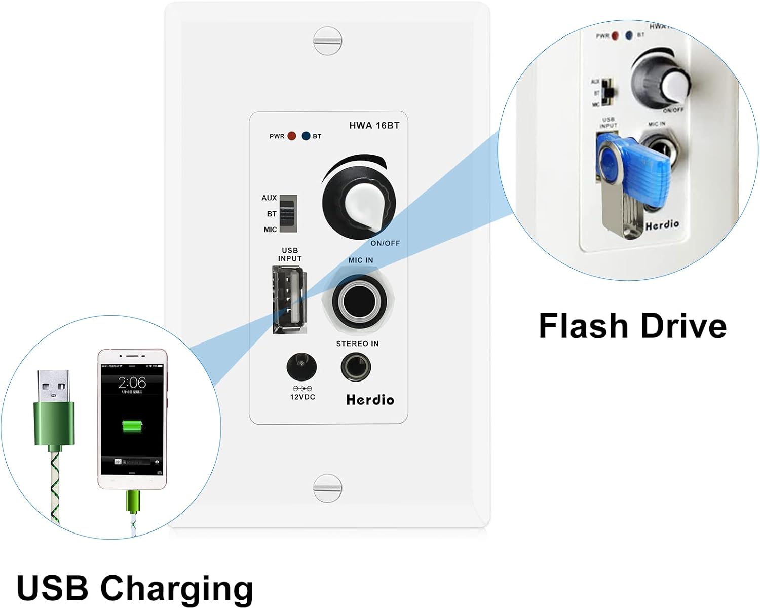 Herdio Home Audio Package in Wall Bluetooth Amplifier Volume Control Receiver Wall Plate with 6.5 Inch 640W Ceiling Speakers(2 Pairs)