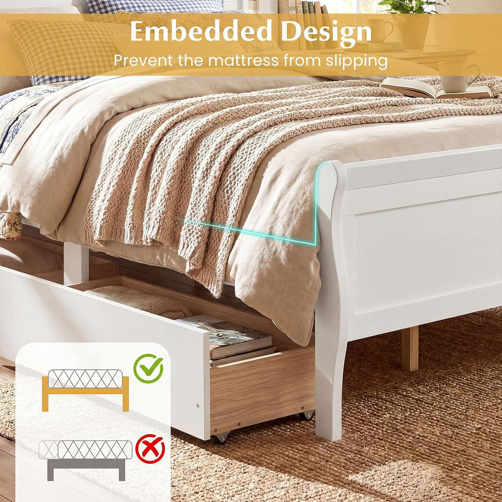 Giantex Full Bed Frame with 2 Storage Drawers, Wood Platform Bed with Headboard & Footboard, Wooden Slats Support Mattress Foundation, Sleigh Bedframe for Teens Adults, No Box Spring Needed (White)