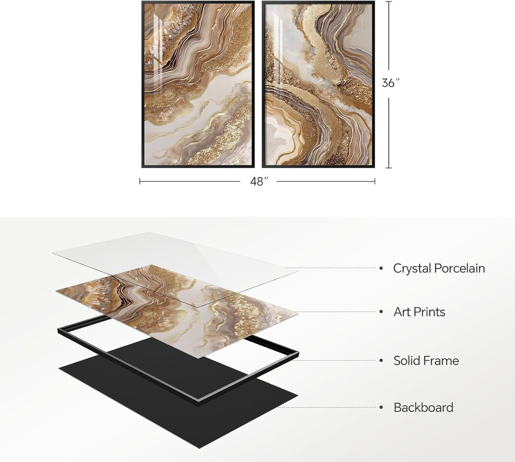 Framed Abstract Brown Gold Wall Art for Living Room, 2 Piece Large Modern Luxury Artwork for Walls, Contemporary Bright Style Picture Prints Paintings for Bedroom Dining Room Office 24x36 Inch
