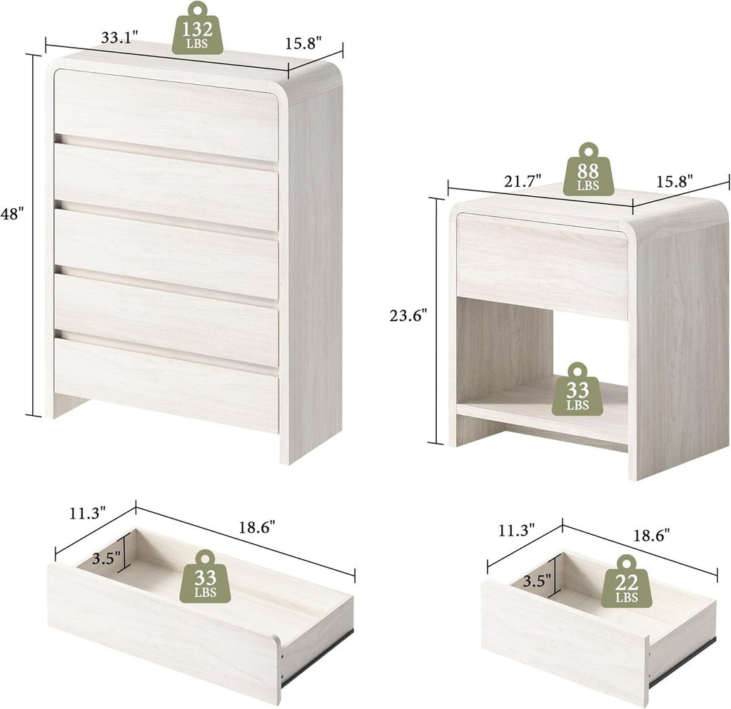 AMERLIFE Modern 3-Piece Bedroom Furniture Set with 5-Drawer Dresser and 2 Nightstands, Large Storage Capacity, Rounded Corners, Flexible Combination Design, White