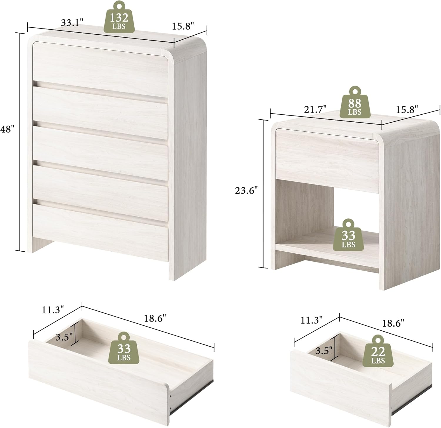 AMERLIFE Modern 3-Piece Bedroom Furniture Set with 5-Drawer Dresser and 2 Nightstands, Large Storage Capacity, Rounded Corners, Flexible Combination Design, White