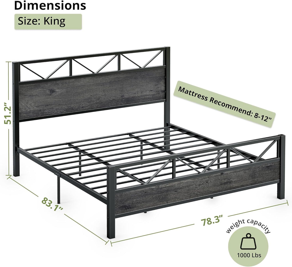 LIKIMIO King Bed Frame, Tall Industrial Headboard 51.2 ", Platform Bed Frame with Strong Metal Support, Solid and Stable, Noise Free, No Box Spring Needed, Easy Assembly, Charcoal Grey