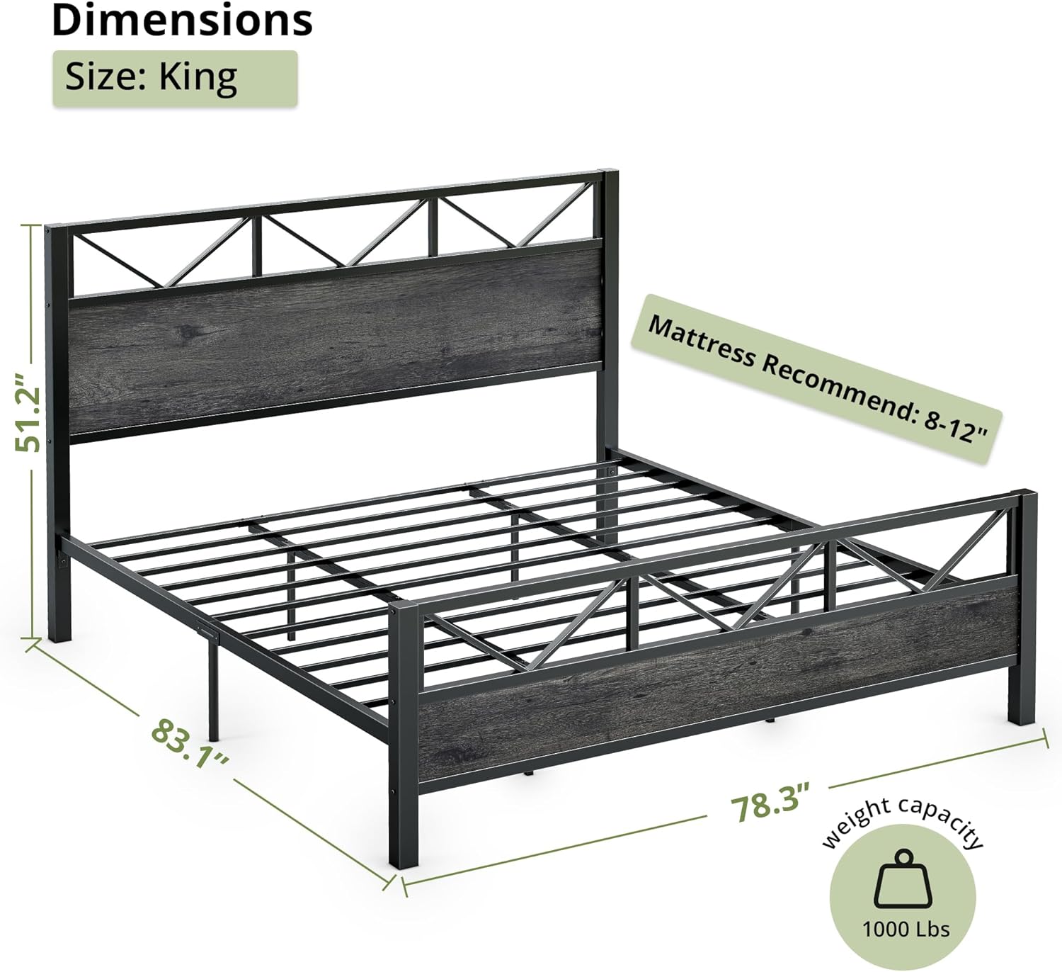 LIKIMIO King Bed Frame, Tall Industrial Headboard 51.2 ", Platform Bed Frame with Strong Metal Support, Solid and Stable, Noise Free, No Box Spring Needed, Easy Assembly, Charcoal Grey