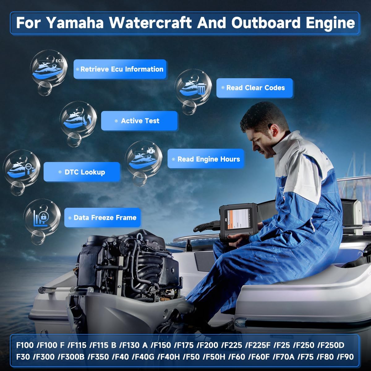 ANCEL MR500 Marine Diagnostic Tool for Yamaha (2003–2024) – Jet Ski & Outboard Engine Scanner, 15+ Service Functions, Read/Clear Codes, Live Data, Active Tests