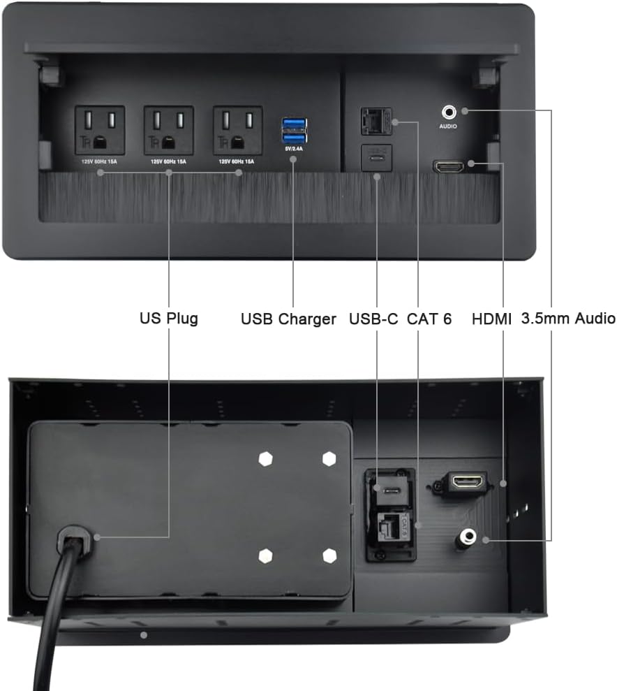 Tabletop Multimedia Connectivity Box with 3 AC Power+2 USB-A Charger+1 HDMI+1 RJ45(CAT6)+1 USB-C Data +1 Audio with 5.58ft Power Cord for Conference Room(Black)