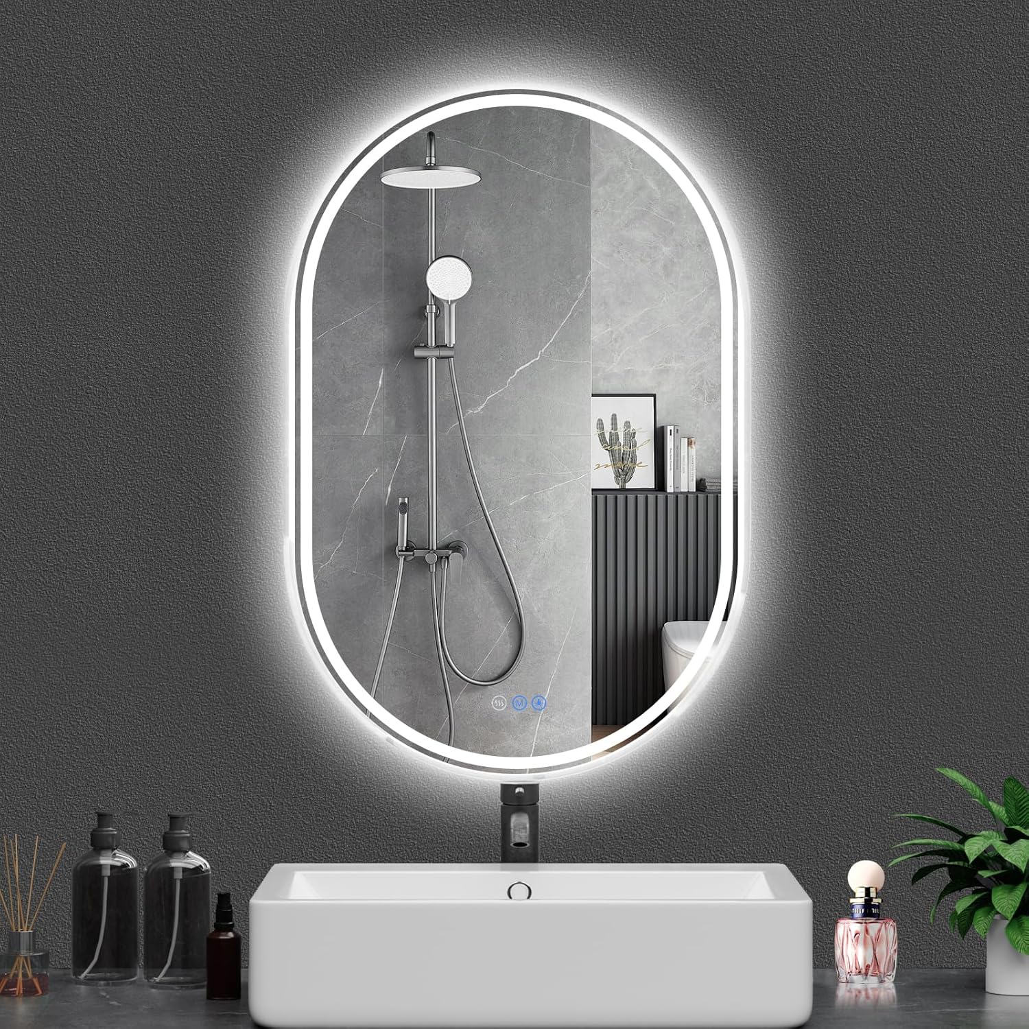 Oval LED Bathroom Mirror, 24"x 40" Frameless LED Mirror with Front Light and Backlit, Anti-Fog, Dimmable Modern Wall Mounted Lighted Mirror, Pill-Shaped Smart Mirror Bathroom