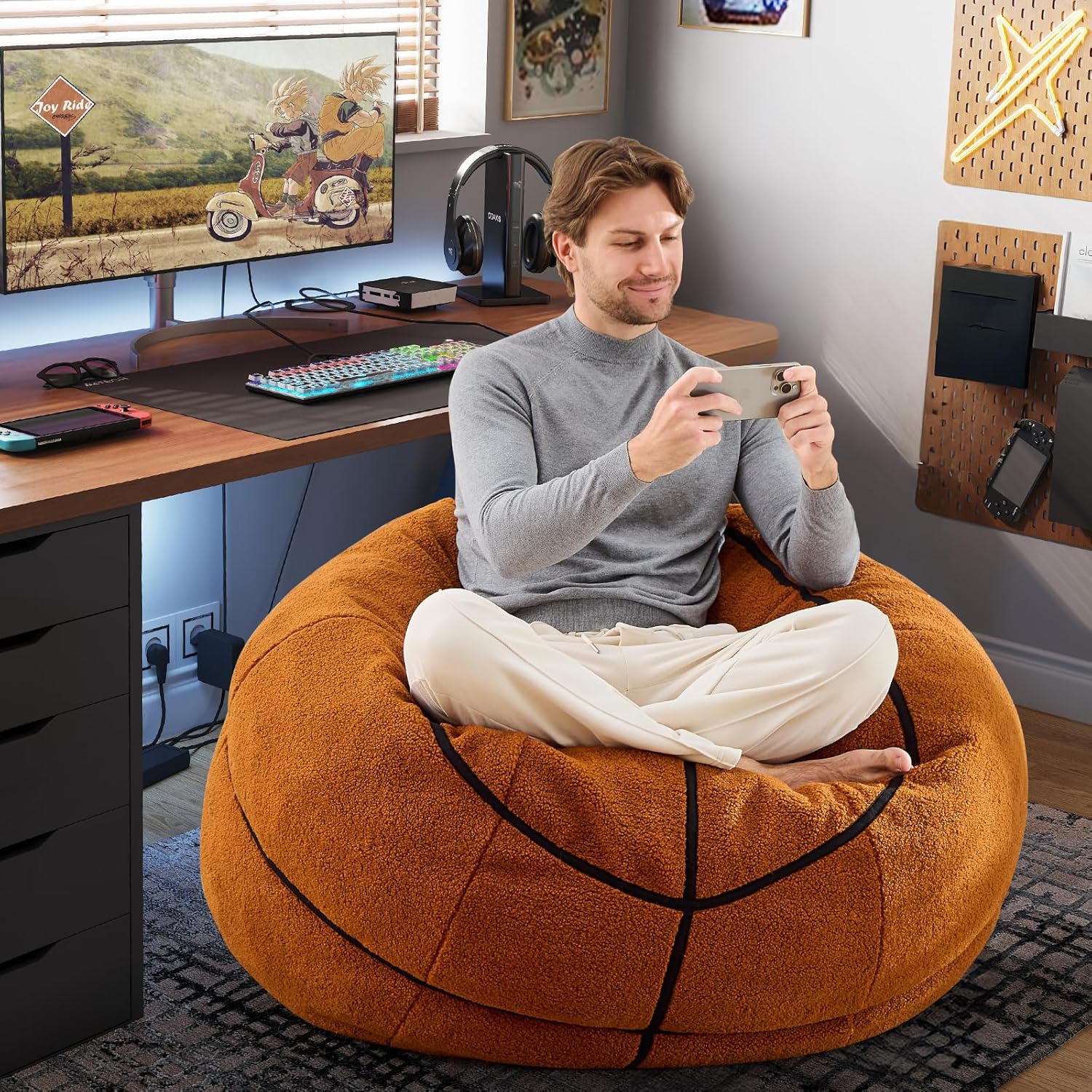 Sports Basketball Bean Bag Chair - Giant Bean Bag Chairs for Adults and Kids - Oversized Bean Bag Sofa Couch with Filler - Plush BeanBag Furniture for Living Room Bedroom Dorm Office - 44 Inch