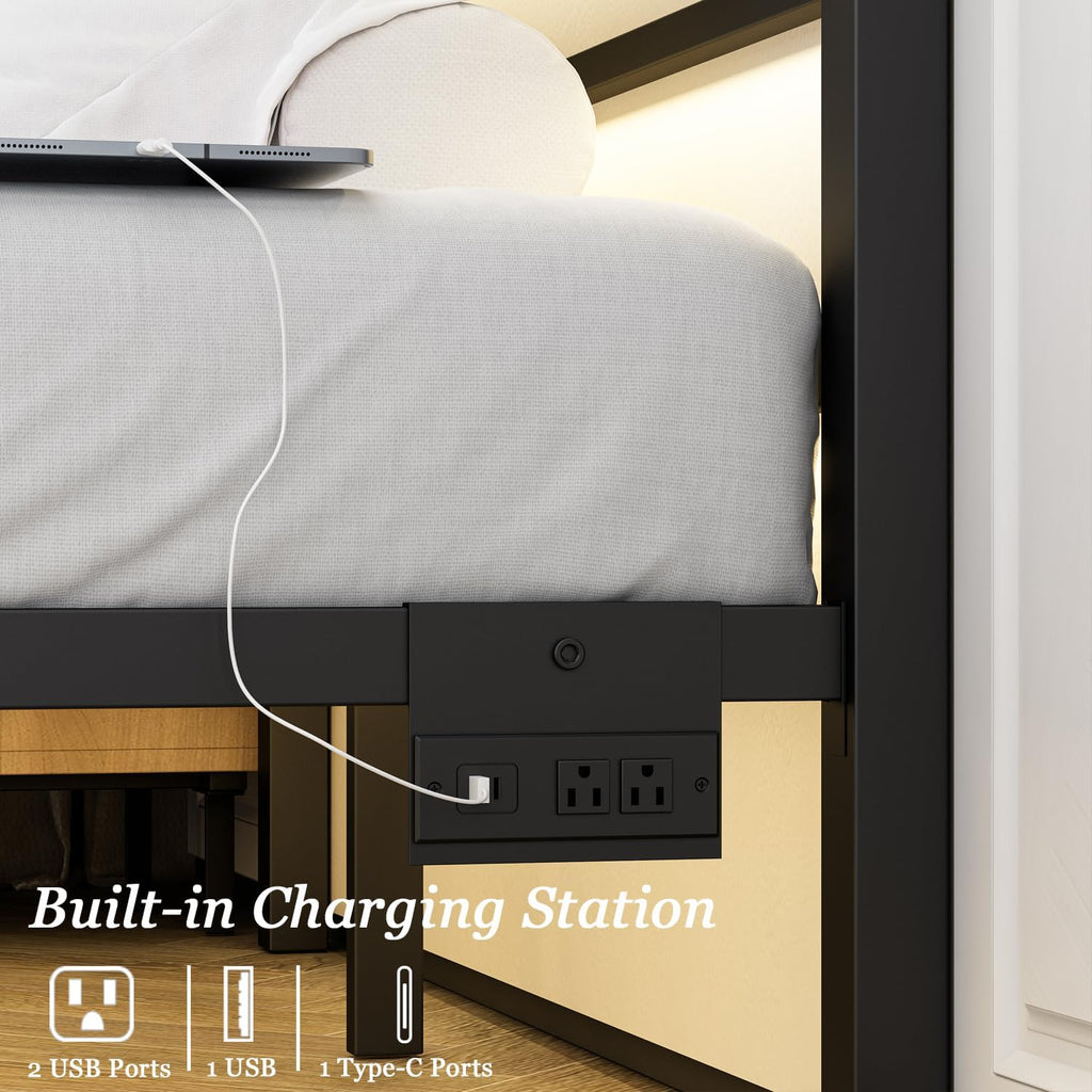 Jenmit Full Size Bed Frame with Charging Station & LED Lights, Metal Platform Bed Frame with Headboard and Footboard, Storage Space Under Bed, No Box Spring Needed, Noise Free, Easy Assembly, Black