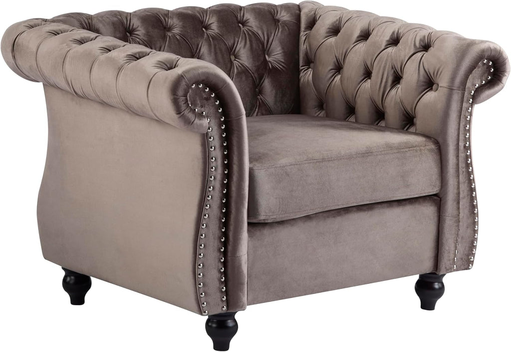Christopher Knight Home Kitty Chesterfield Club Chair with Solid Wood Frame, Velvet Upholstered Living Room Chair, Button-Tufted Diamond Stitch Single Sofa, Nailhead Accent, Black + Dark Brown
