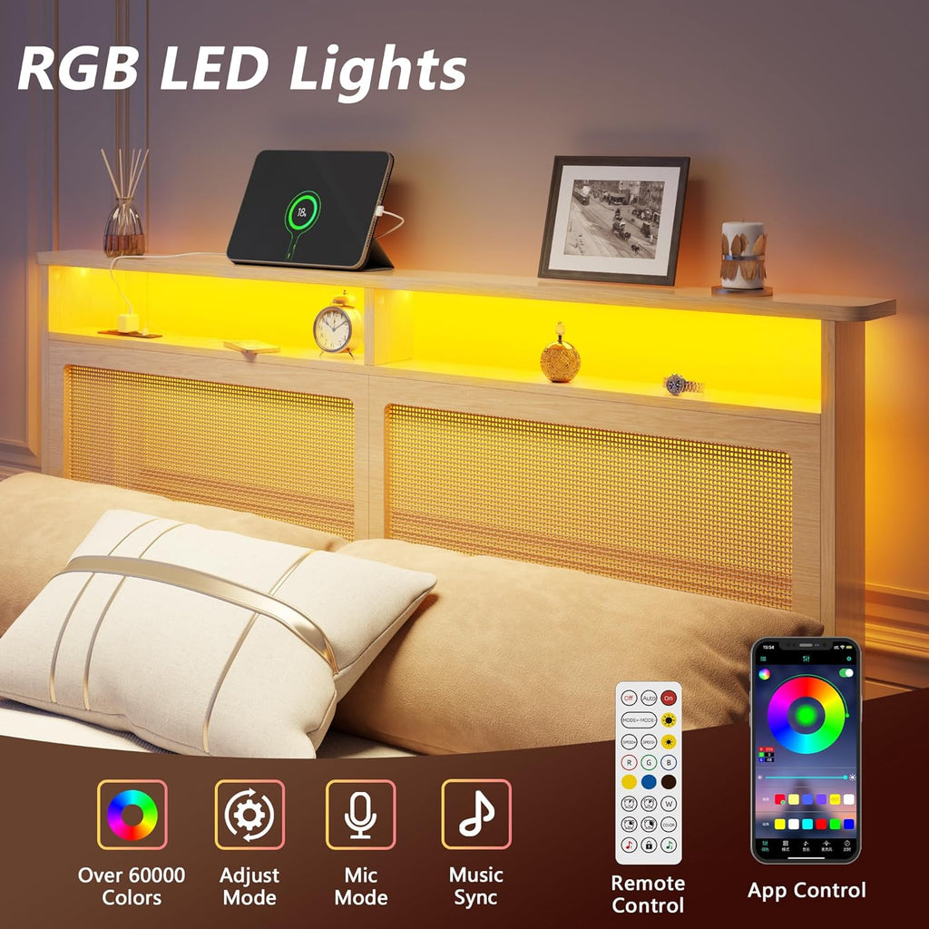 OURPIC Queen Bed Frame with Rattan Headboard, Wicker Bedframe with Charging Station and LED Lights, Boho Queen Bed with Storage Shelf, Solid Wood Support, Easy Assembly