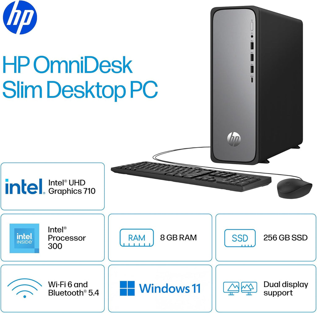 HP OmniDesk Slim Desktop PC, Intel Processor 300, 8 GB RAM, 256 GB SSD, Intel UHD Graphics 710, Windows 11 Home, Microsoft Copilot, Meteor Silver, S03-0010 (2025) (Renewed)