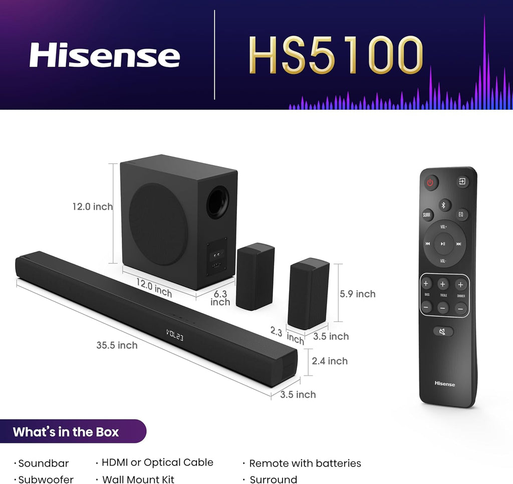 Hisense HS5100 5.1Ch Sound Bar with Wireless Subwoofer, 540W, Dolby Digital Plus, Bluetooth 5.3, EzPlay, Roku TV Ready, DTS: X, HDMI/AUX/ARC/Optical/USB