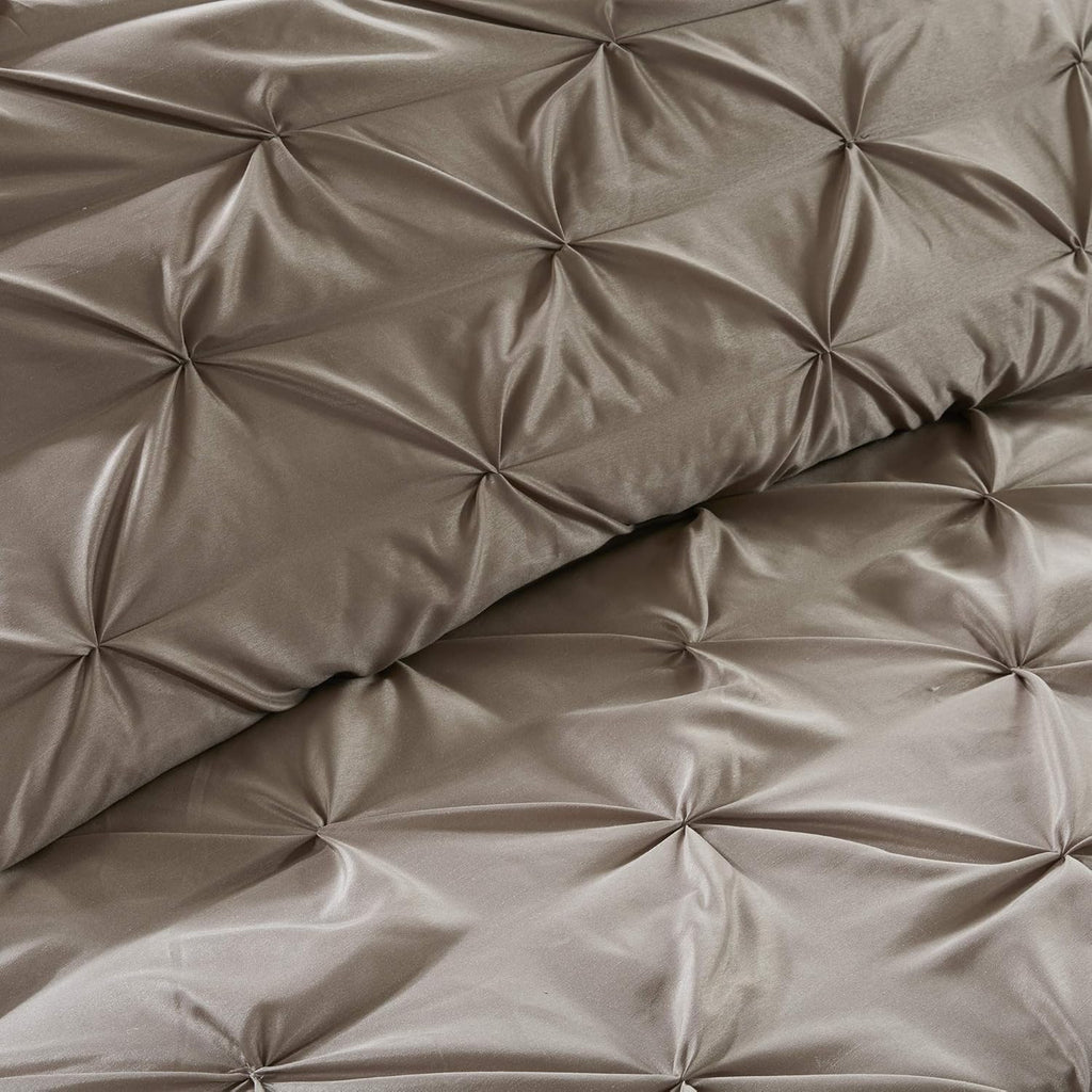 Madison Park Essentials Room in a Bag Faux Silk Comforter Set - Luxe Diamond Tufting All Season Bedding, Matching Curtains, Decorative Pillows, Taupe King(104"x92") 24 Piece