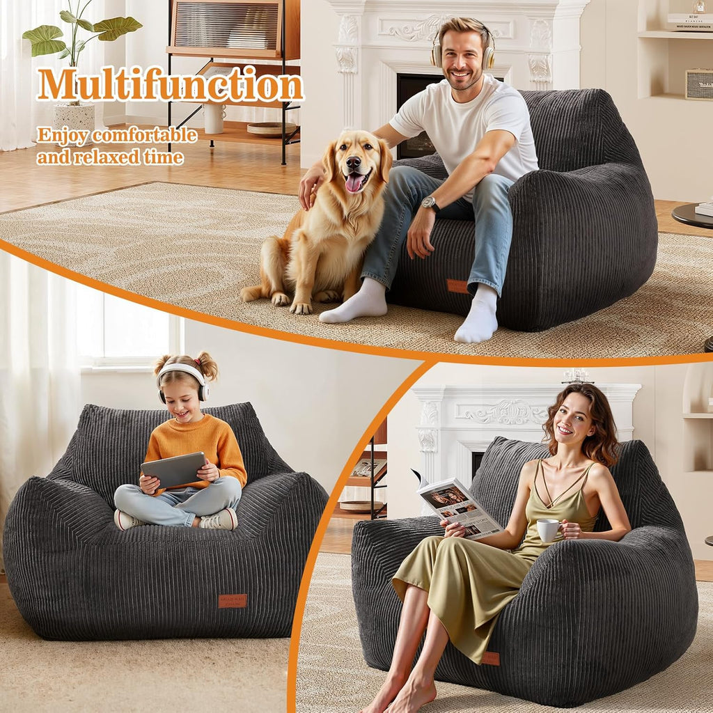 Big Bean Bag Chair for Adults, Ultra Soft Living Room Bean Bag with Armrests, Stuffed BeanBag Chair for Napping, Gaming, Vacuum-Compressed for Easy Gifting, 48 Hours to Fluffs Up, Dark Gray