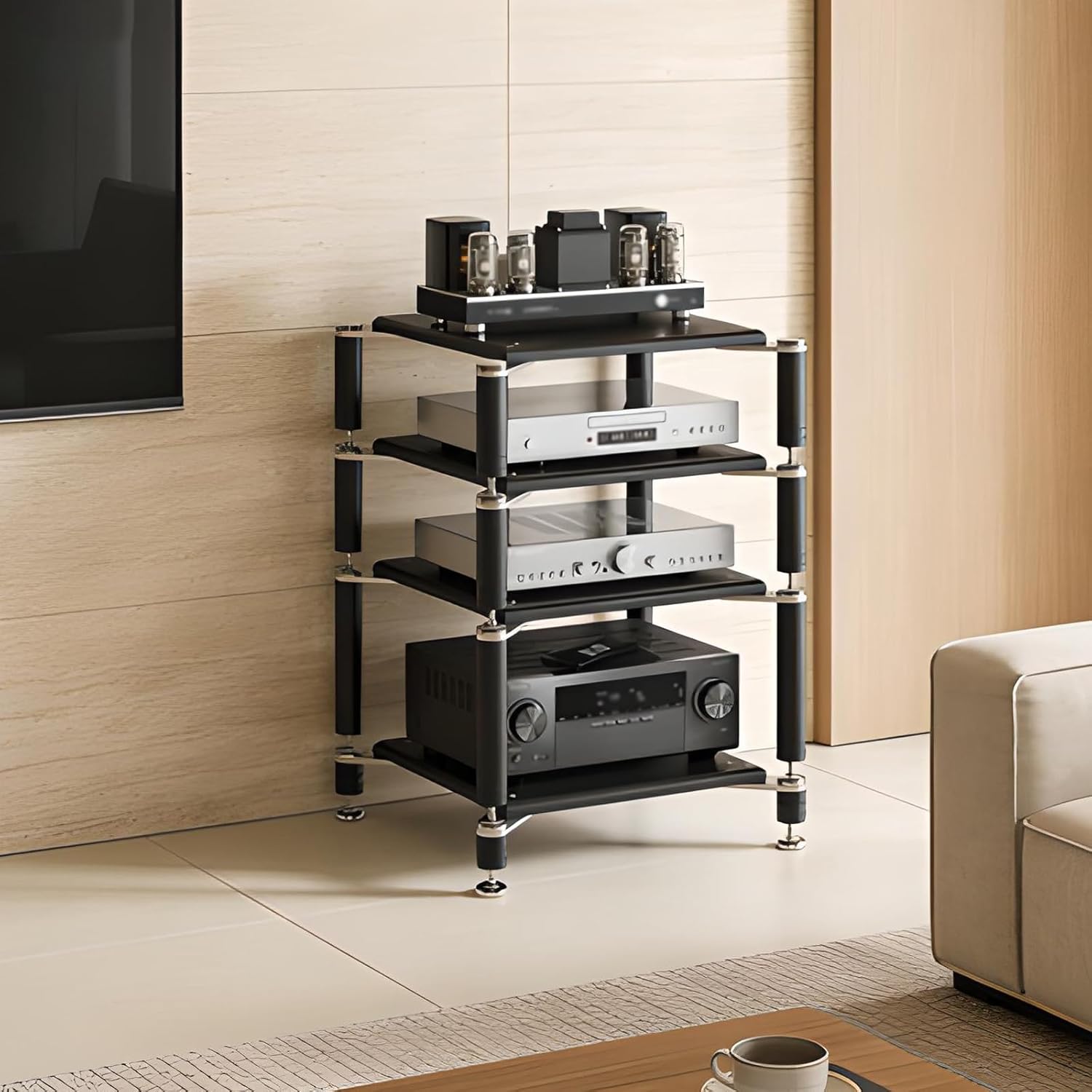 3-Tier AV Media Stand, Heavy Duty Audio Rack with Shock-Absorbing Foot pegs, Open Design av Stand, Multi-Layer Stereo Equipment Rack for Home, Office, Theater (Black, 3-Tiers)