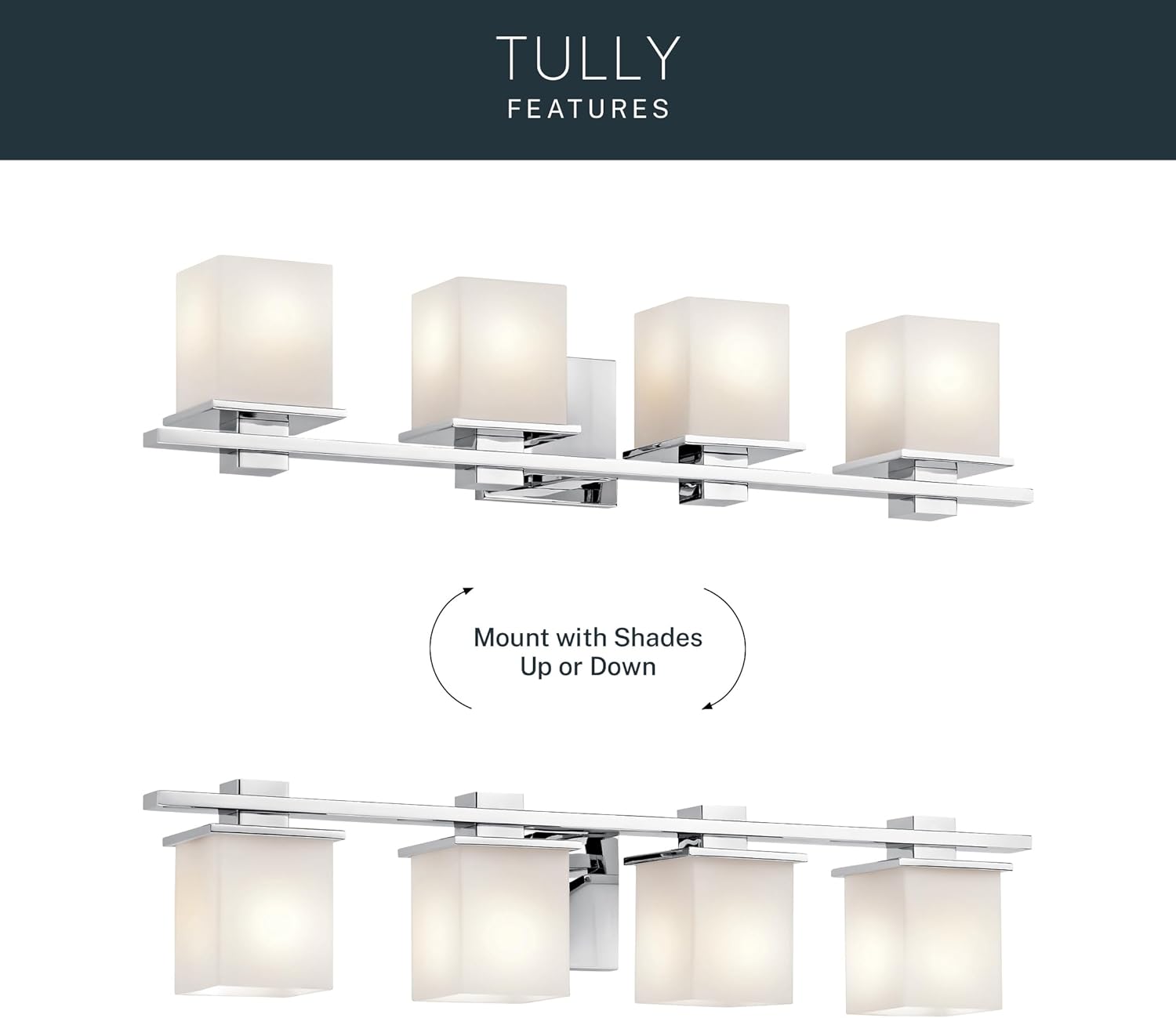 Kichler Tully 32" Vanity Light in Chrome, 4-Light Modern Bathroom Light with Satin Etched Cased Opal Glass, (32" W x 6.5" H), 45152CH