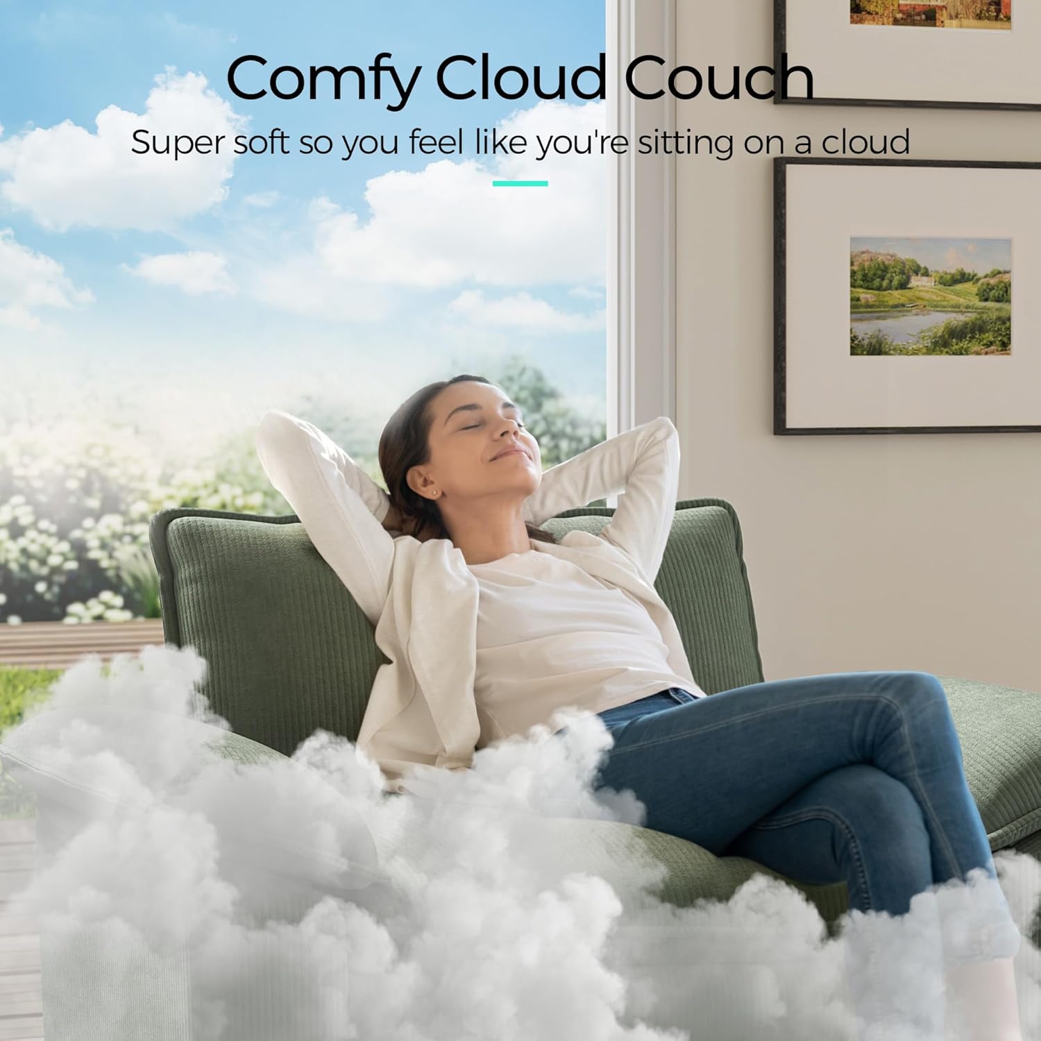 LINSY HOME Cloud Sofa Accent Chair with Ottoman Chaise Lounge Chair Indoor, Corduroy Couch Sofa Chair for Living Room Apartment Bedroom Office, Green