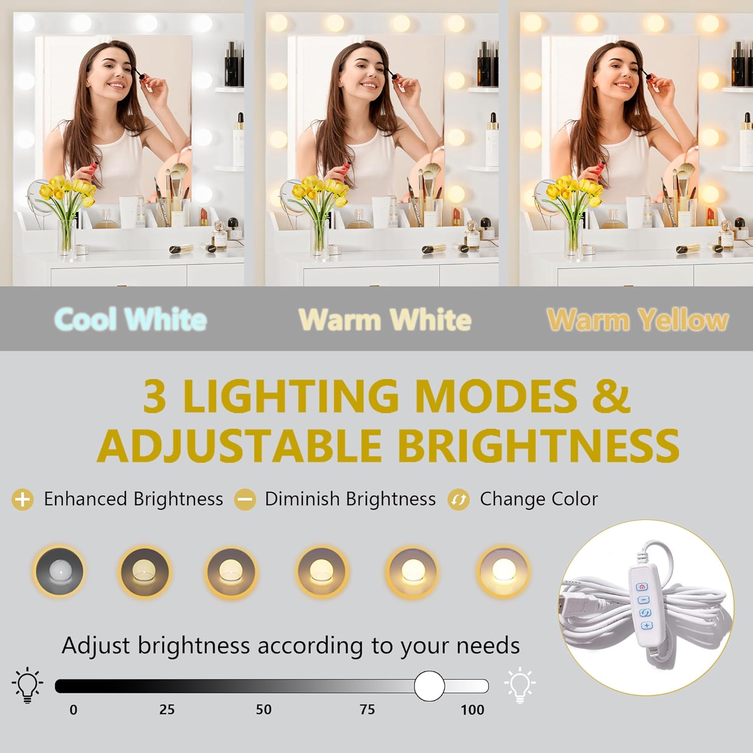 Vanity Desk with Mirror and Lights, Makeup Vanity Table Set with 5 Storage Drawers, Power Outlet & Chair, Small Dressing Table with RGB Ambient Light, Adjustable Brightness for Girls Bedroom, White