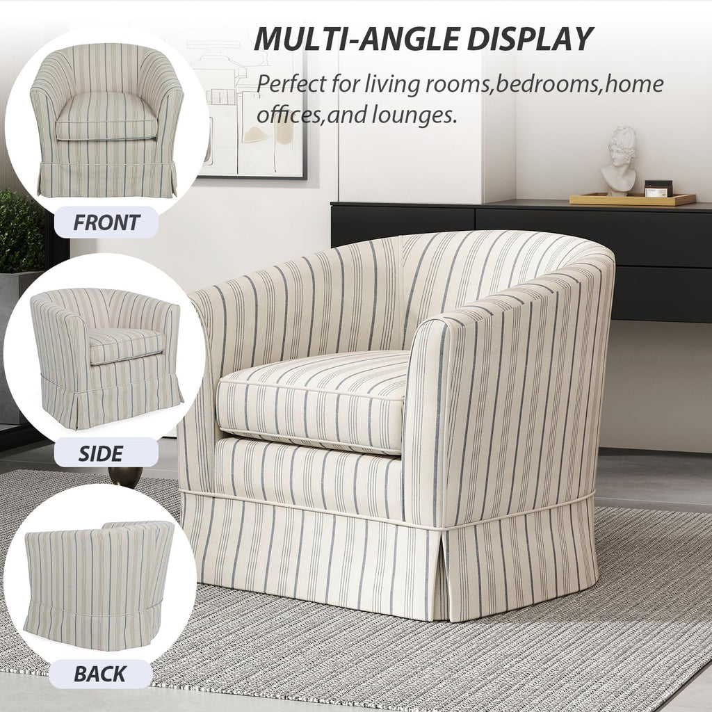 Christopher Knight Home Modern 360-Degree Swivel Accent Chair, Fabric Upholstered Club Chair, Comfy Reading Chair for Living Room, Bedroom Office, Beige/Blue Stripe