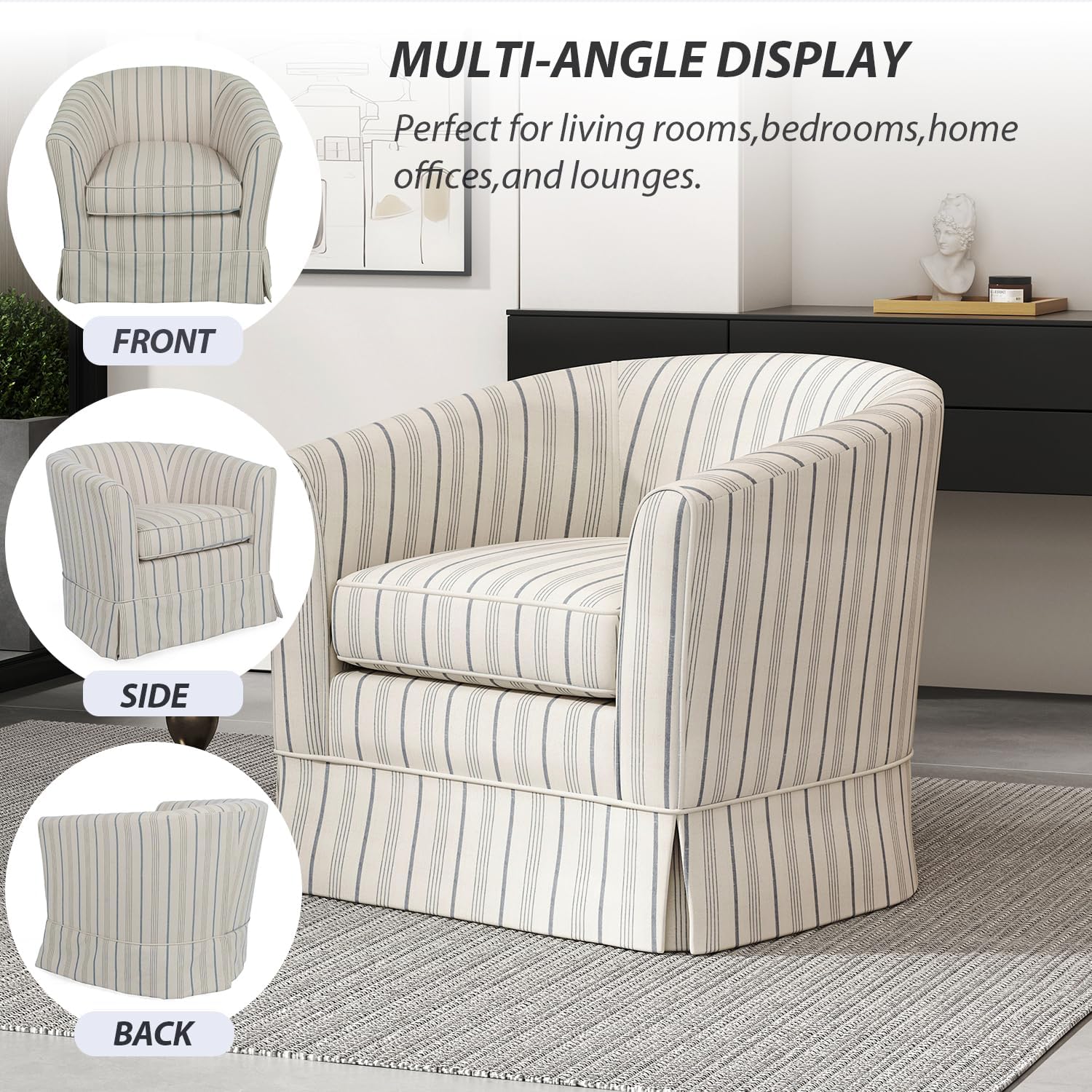 Christopher Knight Home Modern 360-Degree Swivel Accent Chair, Fabric Upholstered Club Chair, Comfy Reading Chair for Living Room, Bedroom Office, Beige/Blue Stripe