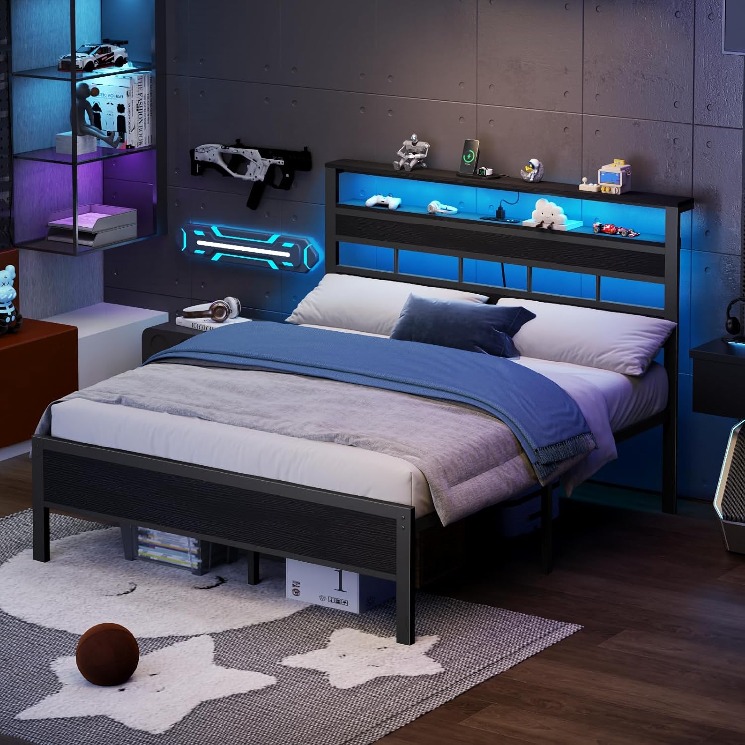 Furnulem Queen Bed Frame with Storage Headboard and LED Lights, Metal Bedframe with Charging Station and USB Port, Queen Size Platform Bed with Heavy Duty Slats, No Box Spring Needed, Black Oak