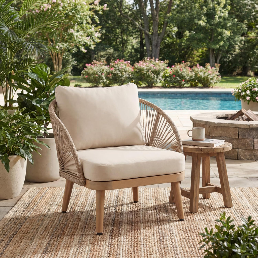 Christopher Knight Home Lydia Boho Patio Furniture Acacia Wood Club Chair, Outdoor Lounge Chair, Modern Tub Accent Chair with Rope Woven and Removable Cushions, Deep & Sturdy Seating, Natural+Beige