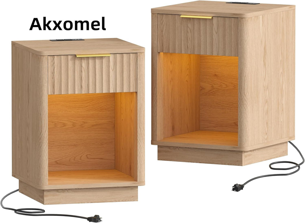 Akxomel Fluted Nightstands Set of 2, Wooden Night Stand with Charging Station and LED Light, Modern Mid Century Bed Side End Table with Drawer, 15" D x 15.7" W x 22.6" H, for Bedroom, Natural Oak