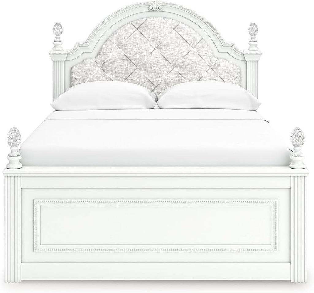 Signature Design by Ashley Maylilly Full Upholstered Panel Bedframe with LED Headboard Lights, Matte White Finish, Button‑Tufted Upholstery for Kids Bedroom