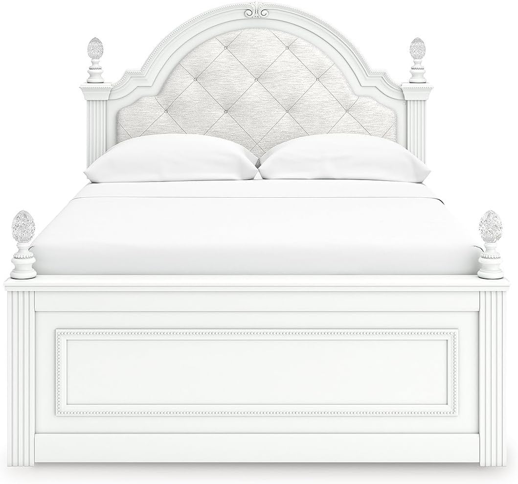 Signature Design by Ashley Maylilly Full Upholstered Panel Bedframe with LED Headboard Lights, Matte White Finish, Button‑Tufted Upholstery for Kids Bedroom