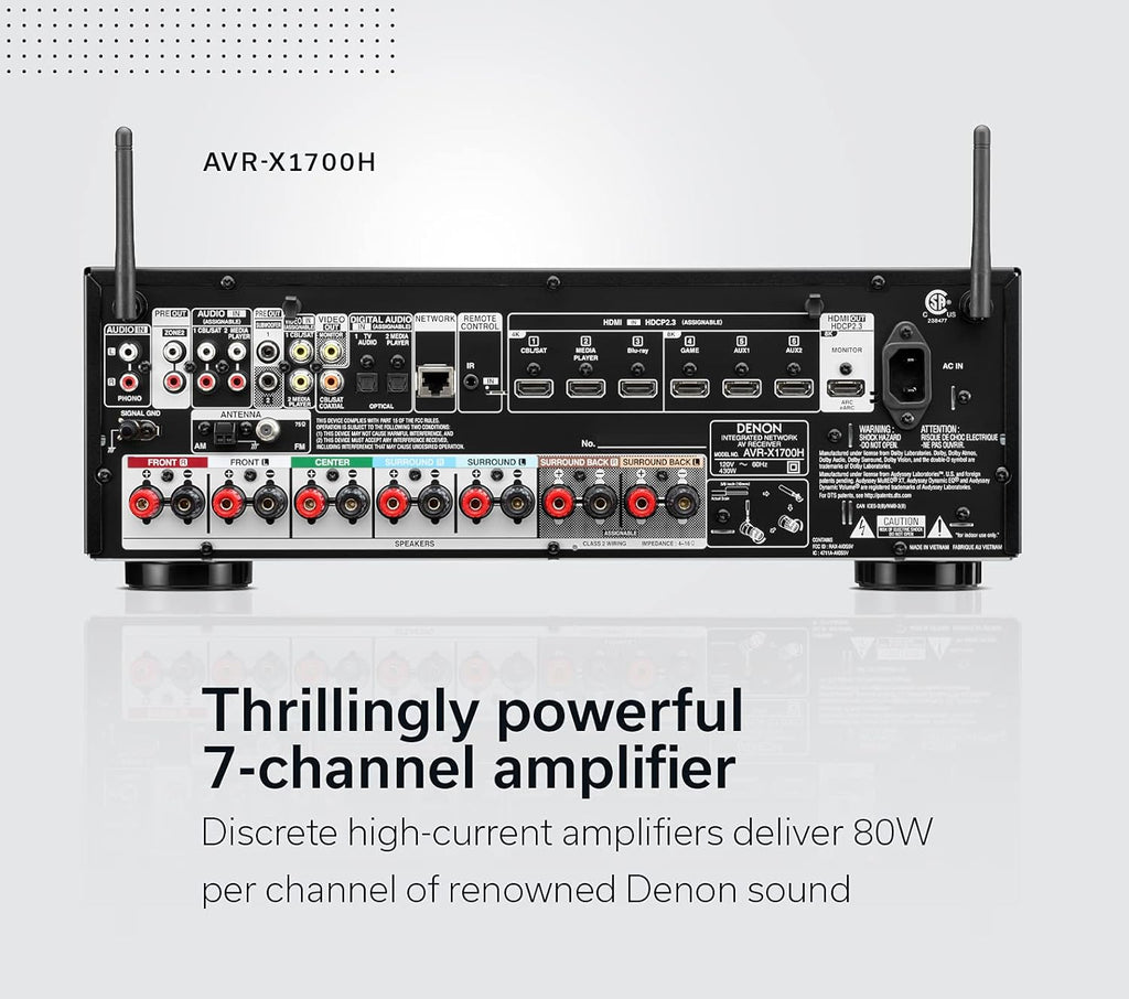 Denon AVR-X1700H 7.2 Channel AV Receiver - 80W/Channel, Advanced 8K HDMI Video w/eARC, Dolby Atmos, DTS:X, Built-in HEOS, Amazon Alexa Voice Control