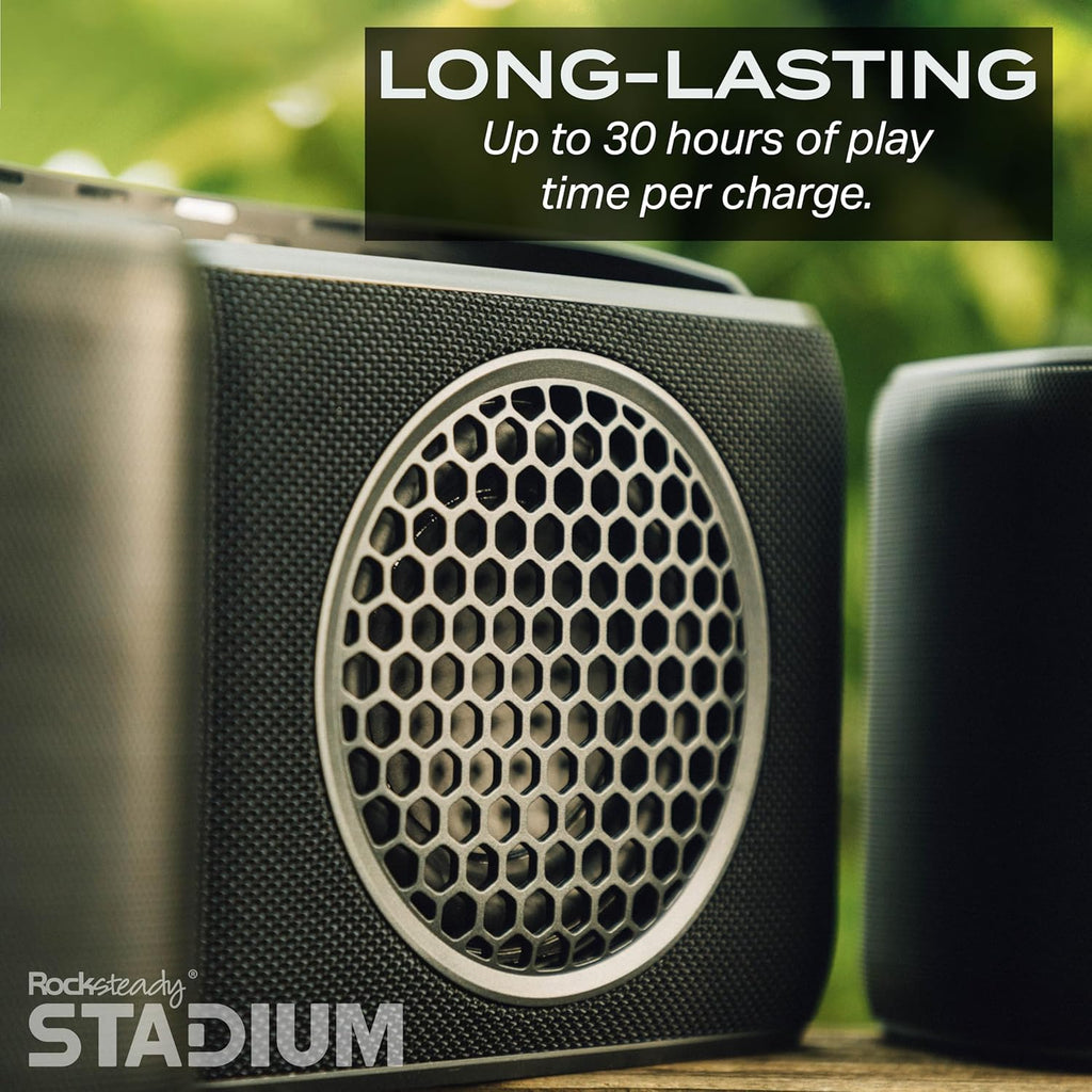 Rocksteady Stadium Portable Bluetooth Speaker and Subwoofer Combo - Up to 100 Foot Range - Up to 30 Hour Battery Life | 2 Speakers + 1 Subwoofer